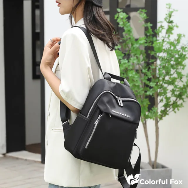 【Colorful Fox】尼龍雙拉鍊旅行雙肩包(黑色 / 深藍色 / 水藍色 / 粉色 / 奶咖色 / 灰色 /