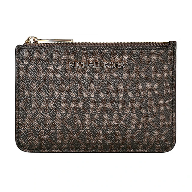 Michael Kors MK MICHAEL KORS JET SET LOGO拉鍊滿版印花PVC 3卡鑰匙零錢包(棕)