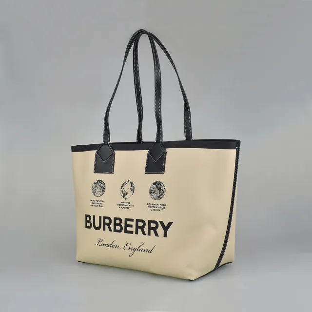 【BURBERRY 巴寶莉】BURBERRY London LOGO開口式地球儀圖案織布拼滾邊牛皮手提肩背子母托特包(米)
