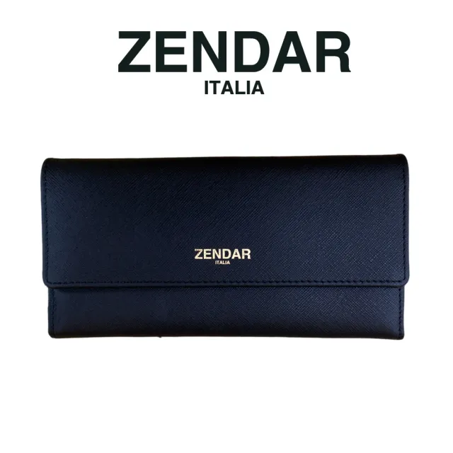 【ZENDAR】頂級小牛皮十字紋翻蓋長夾 米蘭系列(黑色 送禮盒提袋)