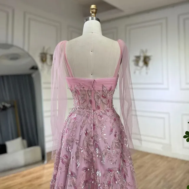 【女神婚紗禮服】輕奢優雅女伶飄紗肩帶串珠雕花A字晚禮服LA72520仙女粉(婚宴派對晚會 拉鍊款晚禮服)