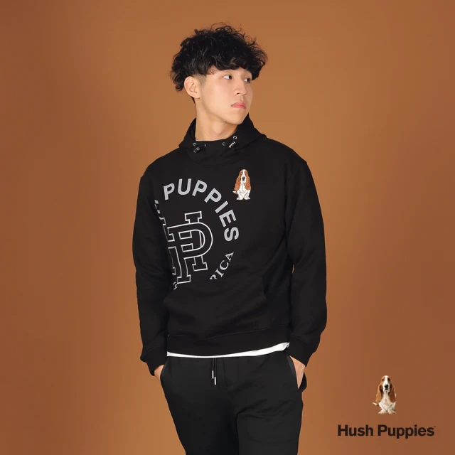 Hush Puppies 帽T 簡約品牌英文印花刺繡狗寬版帽T(黑色 / 44102107)