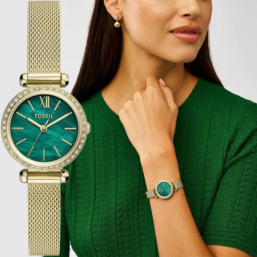 【FOSSIL】Tillie 珍珠貝晶鑽米蘭女錶-綠/26mm 母親節 送禮 禮物(BQ3987)