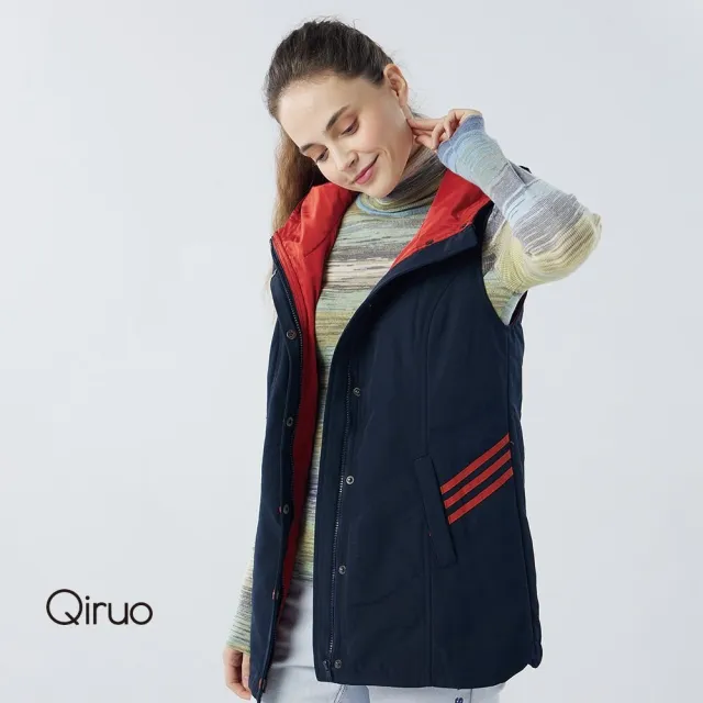 【Qiruo 奇若名品】保暖長版連帽背心6204D 深藍色-鈕扣式