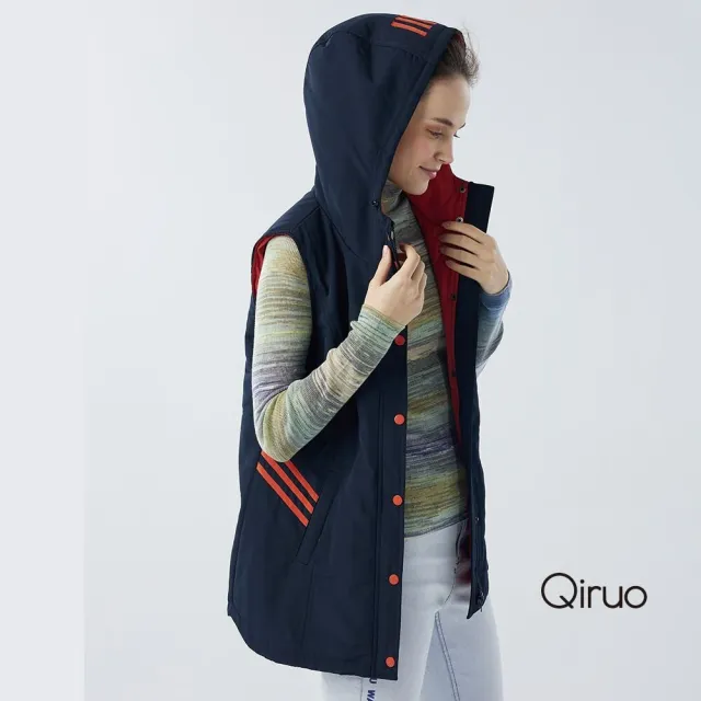【Qiruo 奇若名品】保暖長版連帽背心6204D 深藍色-鈕扣式