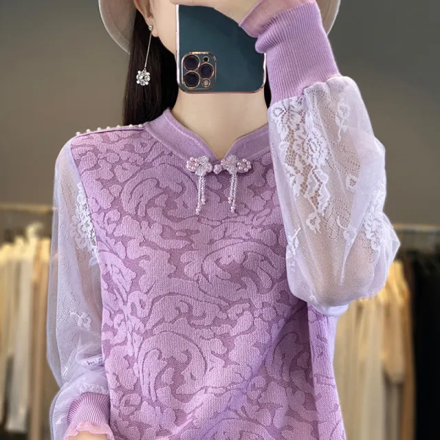 【Very Buy 非常勸敗】預購/新中式蕾絲旗袍領國風精紡羊毛女士套頭立領歐美內搭上衣