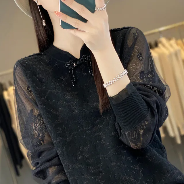【Very Buy 非常勸敗】預購/新中式蕾絲旗袍領國風精紡羊毛女士套頭立領歐美內搭上衣