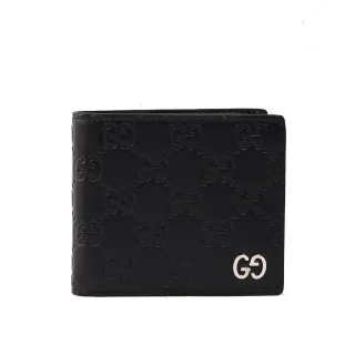 【GUCCI 古馳】GG LOGO牛皮壓紋二折對開短夾(黑色)