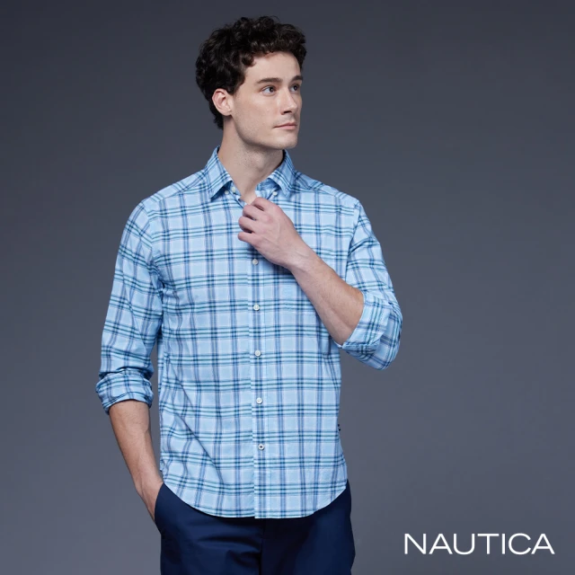 NAUTICA 男裝 藍綠格紋休閒長袖襯衫(藍色)