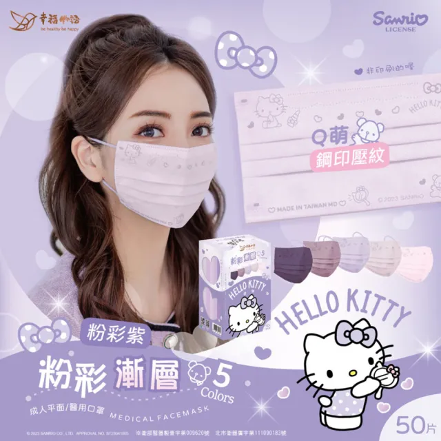 【Injoyyi 幸福物語】買4送1 Hello Kitty粉彩五色醫療口罩 50片/盒(一盒5色 成人平面多款選)