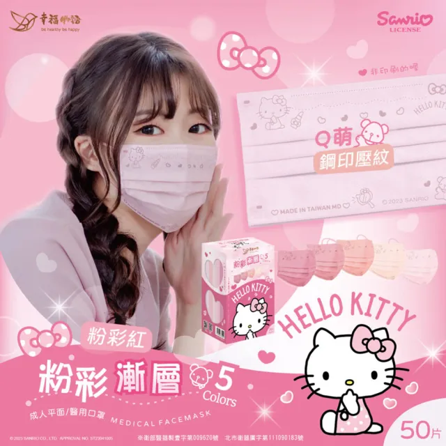 【Injoyyi 幸福物語】買4送1 Hello Kitty粉彩五色醫療口罩 50片/盒(一盒5色 成人平面多款選)