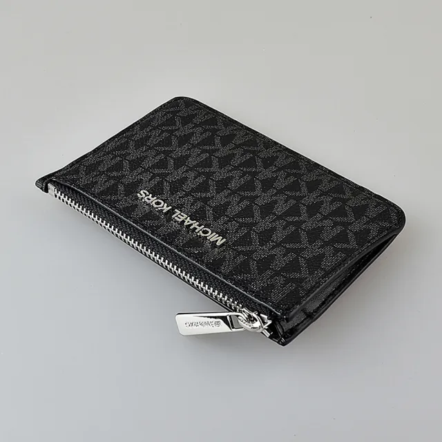 【Michael Kors】MK MICHAEL KORS JET SET LOGO拉鍊滿版印花PVC 3卡鑰匙零錢包(黑)