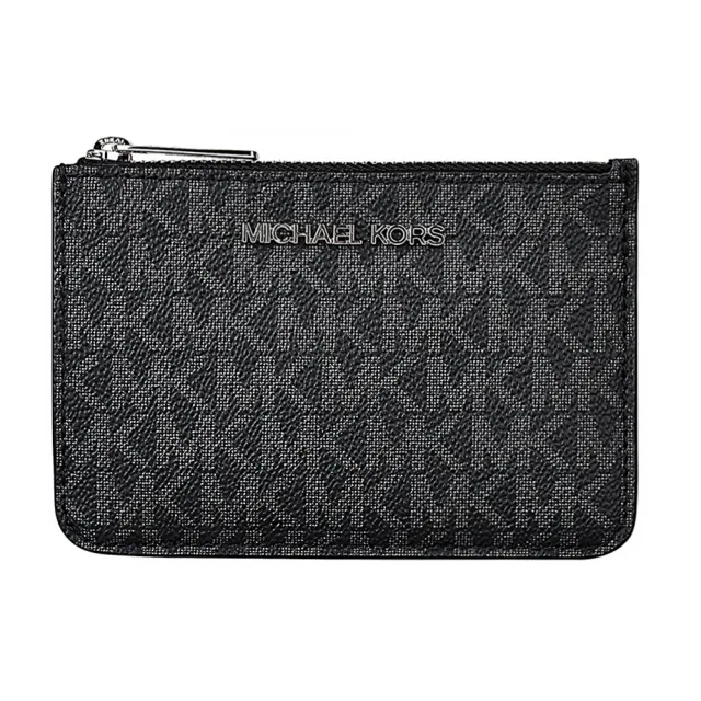 【Michael Kors】MK MICHAEL KORS JET SET LOGO拉鍊滿版印花PVC 3卡鑰匙零錢包(黑)