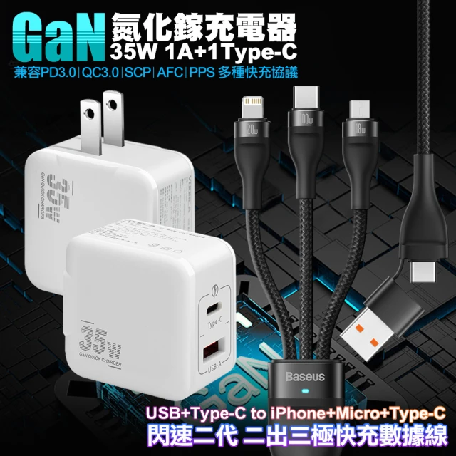 VOORCA 精裝1C+1A孔35W氮化鎵充電器 白+倍思 閃速二100W 二出三快速充電線120cm