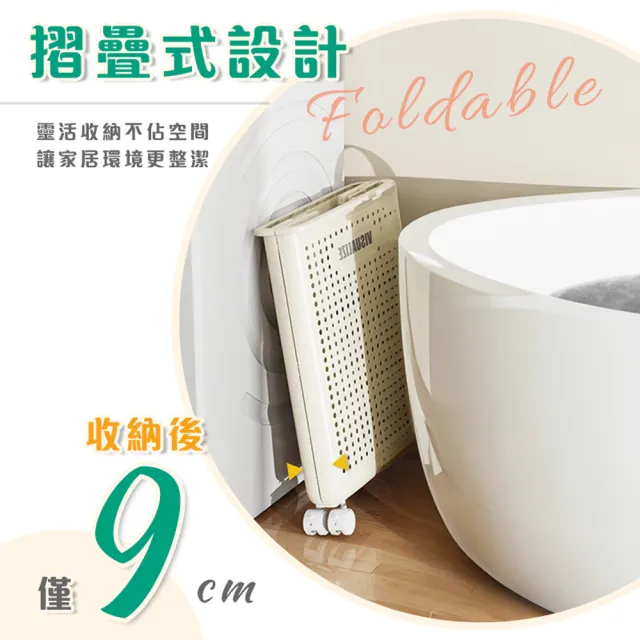 【居家cheaper】51L大容量摺疊透氣髒衣籃-附輪組LB53L-WT(洗衣籃 置物籃 菜籃 購物籃 收納籃 塑膠籃推車)