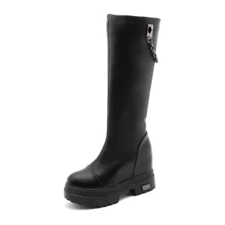 【Sp house】歐美皮面鍊條內增高厚底長筒靴(黑色)