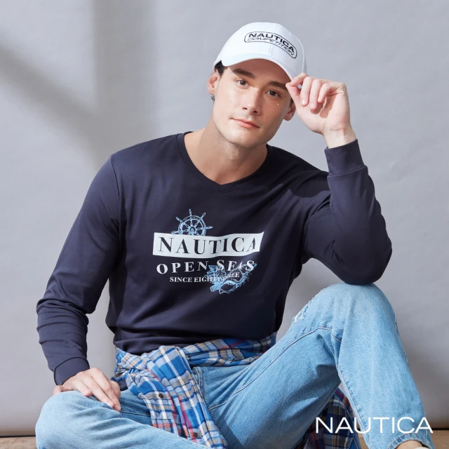 NAUTICA 男裝 品牌海洋貝類印花長袖T恤(黑色)