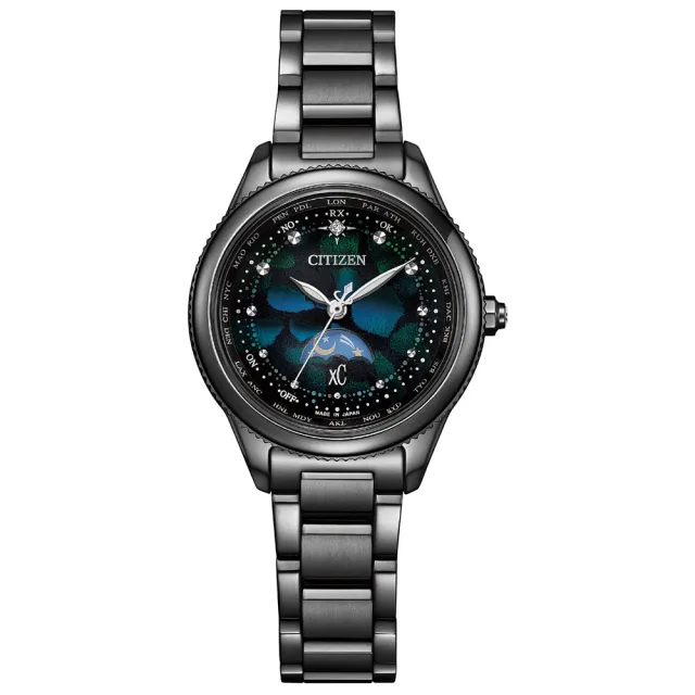 【CITIZEN 星辰】xC 限定款宇宙幻彩光動能日月顯示電波鈦金屬女錶-黑/29mm(EE1008-56E)618 禮物
