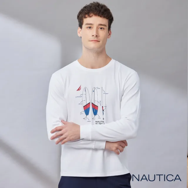 【NAUTICA】男裝 衝浪板印花長袖T恤(白色)