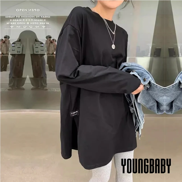 YOUNGBABY 下開叉小布標織衣內搭長袖上衣 中大尺碼女裝