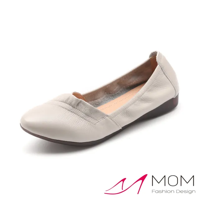 【MOM】真皮平底鞋 尖頭平底鞋 平底鞋/真皮軟底尖頭典雅花邊造型平底鞋(米)