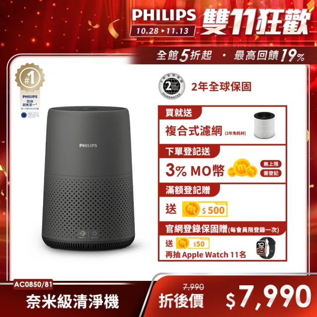 【Philips 飛利浦】奈米級空氣清淨機★適用8-9坪(AC0850/81)