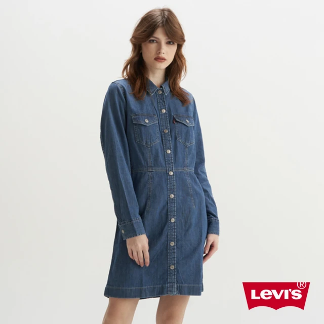 LEVIS 官方旗艦 女款 牛仔外套式洋裝 / 收腰 / 淺中藍色 熱賣單品 38950-0004