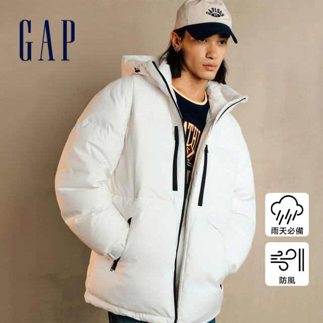 GAP 男裝 Logo刺繡防風防雨連帽羽絨外套-白色(677221)