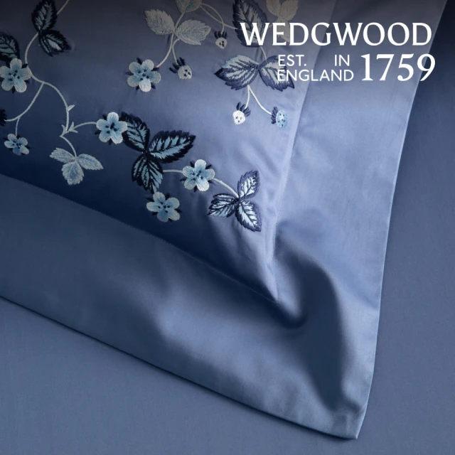 WEDGWOOD 500織長纖棉刺繡 歐式枕套1入｜野草莓之舞 水墨藍(百貨款 51x71cm)