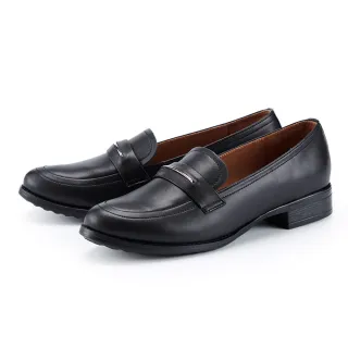 【MAGY】金屬細條真皮樂福粗低跟鞋(黑色)