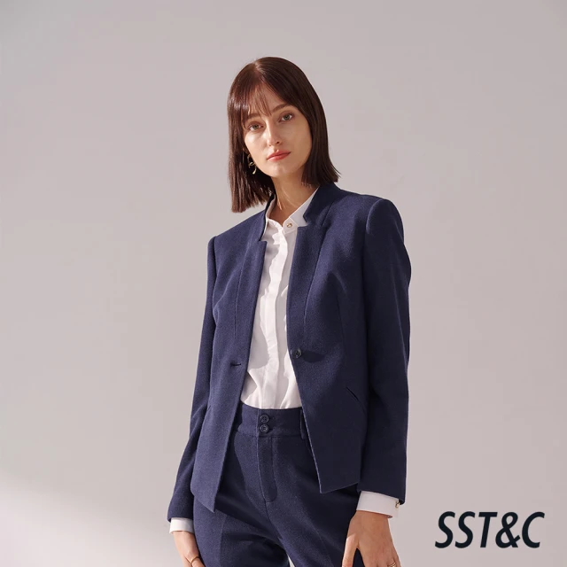 SST&C 藏青紋理彈力針織造型無領西裝外套01012409002(新品上市)