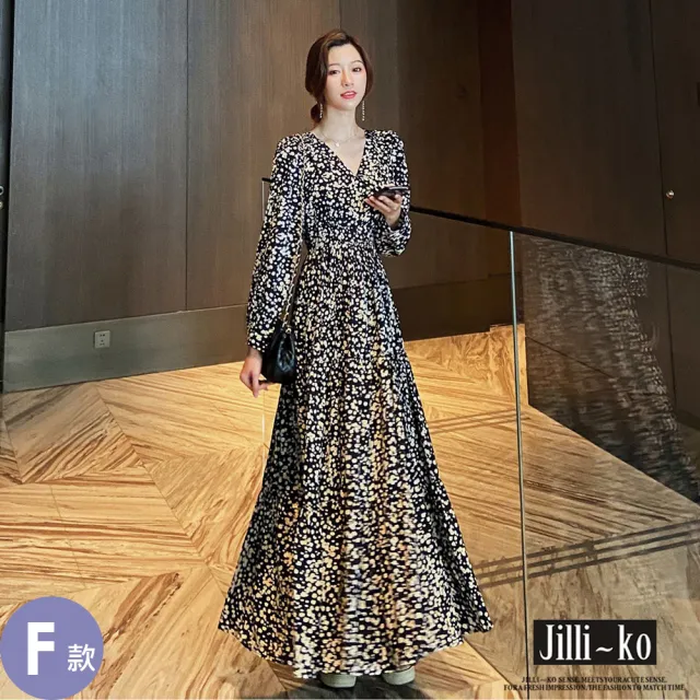 【JILLIKO】赫本風拼接碎花長裙洋裝連衣裙M/L/XL(多款任選)