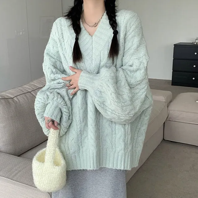 【D.studio】韓版寬鬆復古麻花V領毛衣(針織上衣長袖上衣女裝衣服保暖上衣冬季女裝秋冬女裝發熱衣 W396)
