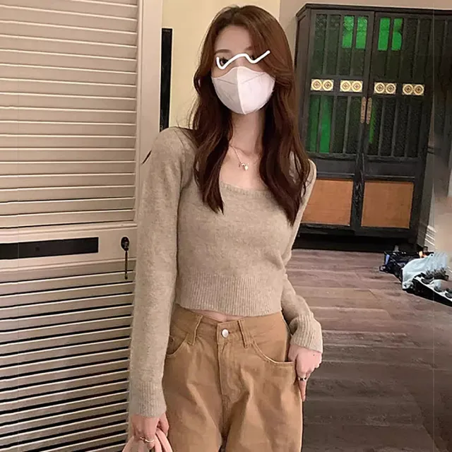 【D.studio】韓版方領短版針織上衣(毛衣長袖上衣女裝衣服長袖t恤 保暖上衣冬季女裝秋冬女裝發熱衣 W394)