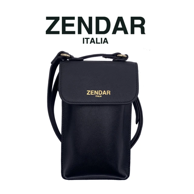 ZENDAR 限量5折 頂級小牛皮防刮十字紋手機包肩背包 全新專櫃展示品(黑色 送禮盒提袋)