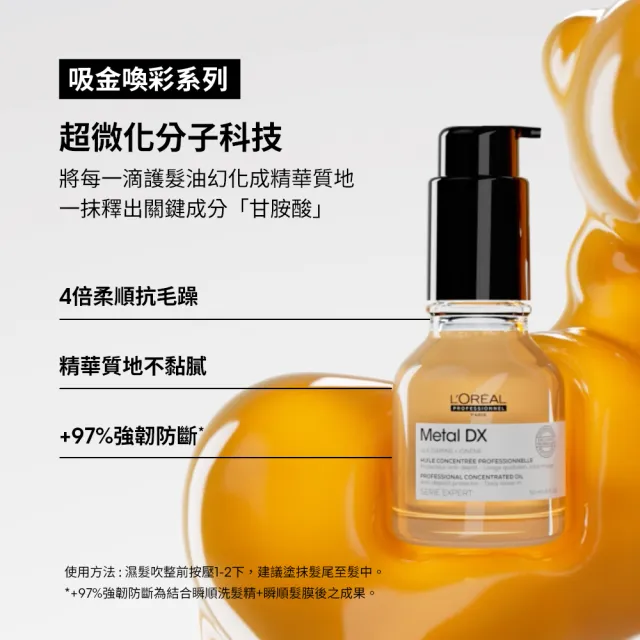 【L’OREAL 巴黎萊雅PRO】絲漾博吸金喚彩抗躁護髮油50ml(抗毛躁/柔順/濕髮用/護髮/防斷/抗躁小金安瓶)