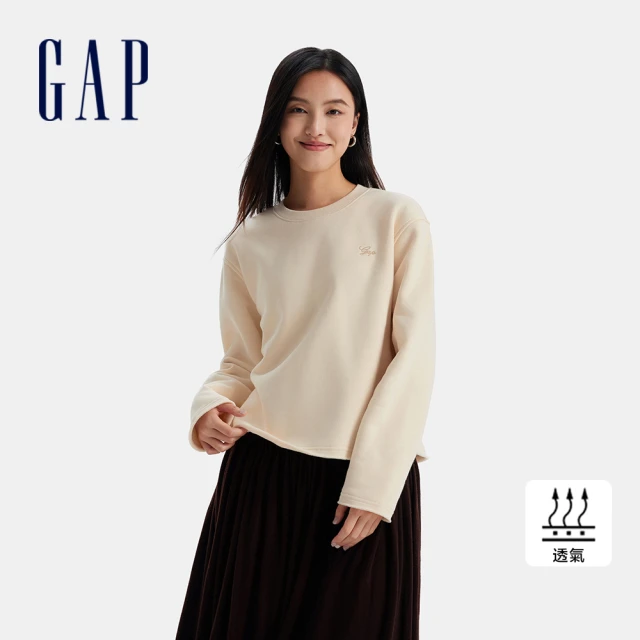 GAP 女裝 Logo刺繡刷毛圓領長袖T恤-米色(600762)