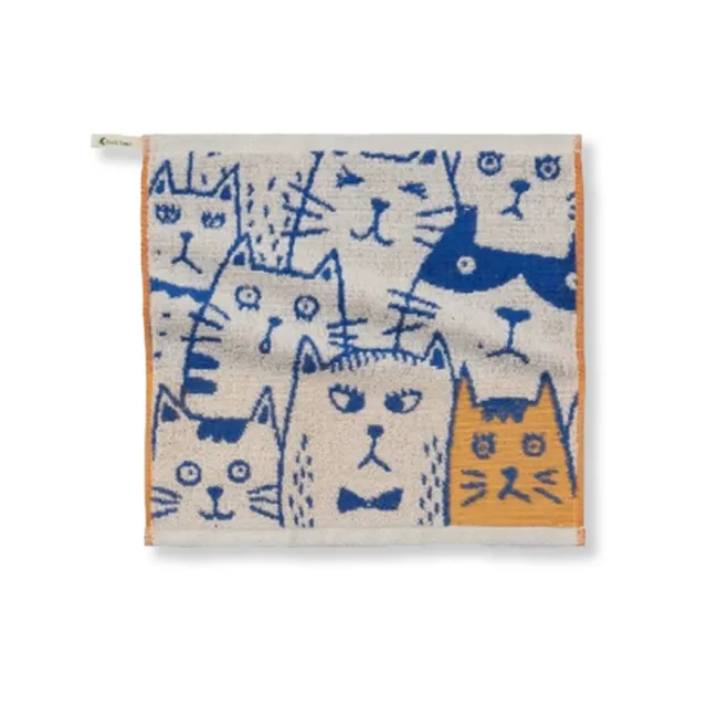 【星紅織品】可愛胖胖貓雙面圖案純棉方巾-4入(綠色/藍色/咖啡色/淺灰色 4色任選)