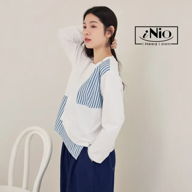 【iNio 衣著美學】長袖上衣 現貨 造型拼接 條紋 長袖棉T CDW1740