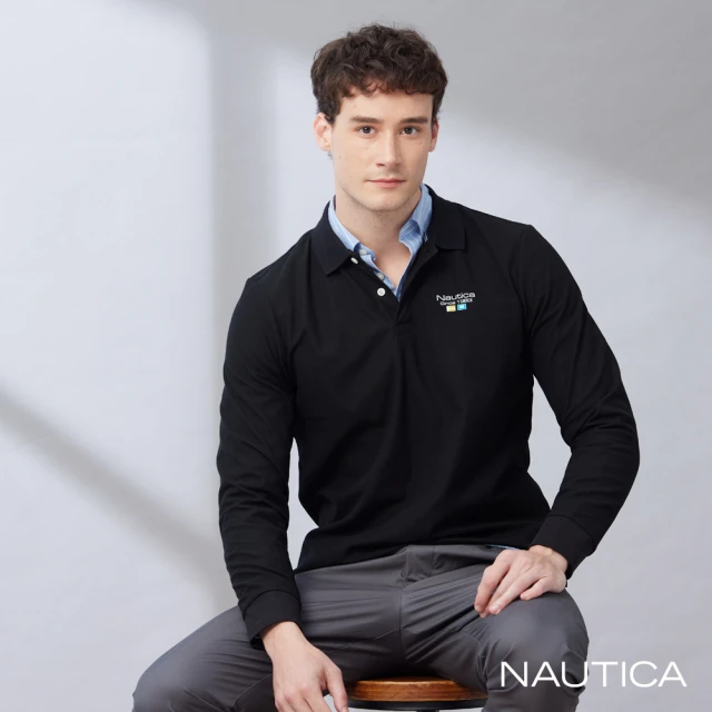 NAUTICA 男裝 率性航海風格長袖POLO衫(黑色)