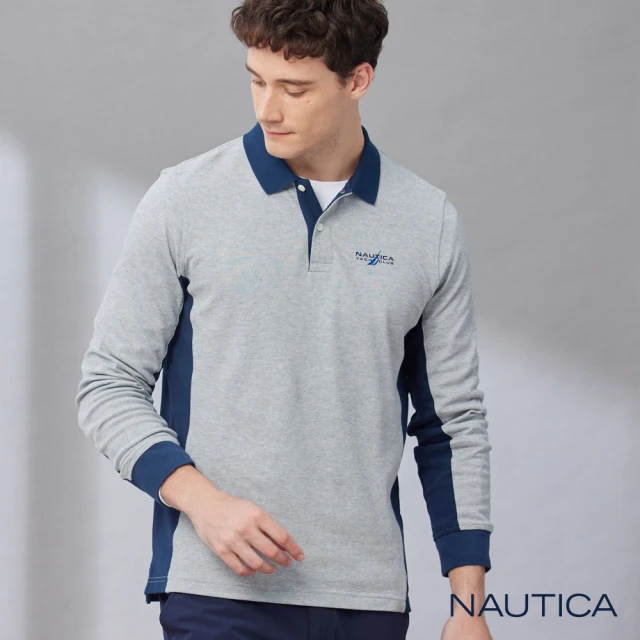 NAUTICA 男裝 跳色拼接文字長袖POLO衫(灰色)