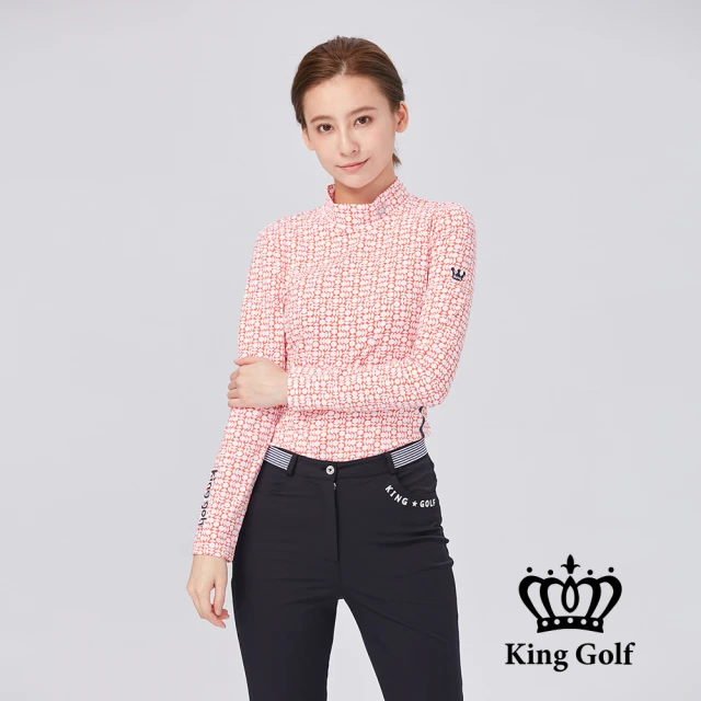 KING GOLF 網路限定款-女款幾何滿版印圖LOGO印花立領薄款長袖上衣(橘紅)