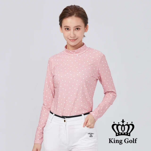 KING GOLF 網路限定款-女款滿版點點印圖LOGO燙標輕刷毛小立領長袖內搭衣(粉色)