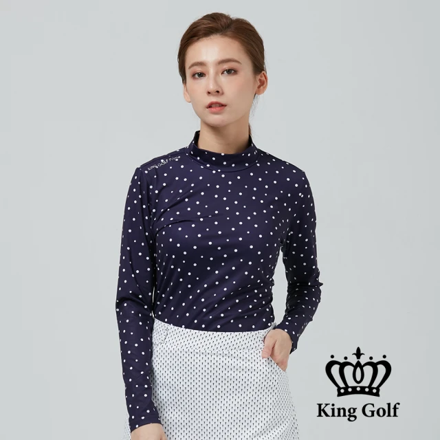 KING GOLF 網路限定款-女款滿版點點印圖LOGO燙標輕刷毛小立領長袖內搭衣(丈青)