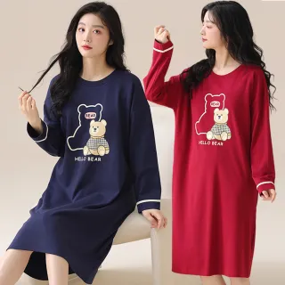 【Kosmiya】1套 帶胸墊 棉質哈囉小熊長袖睡裙/女睡衣/長袖睡衣/連身洋裝/洋裝(2色可選/均碼/加大碼)