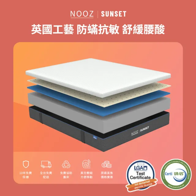 【Lunio】Nooz Sunset雙人加大6尺乳膠床墊+枕(英國工藝舒緩腰酸  專為台灣人所打造 亞馬遜銷售破十萬張)