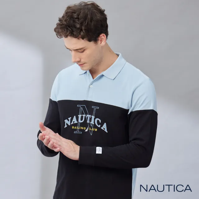 【NAUTICA】男裝 美式LOGO拼接長袖POLO衫(黑色)