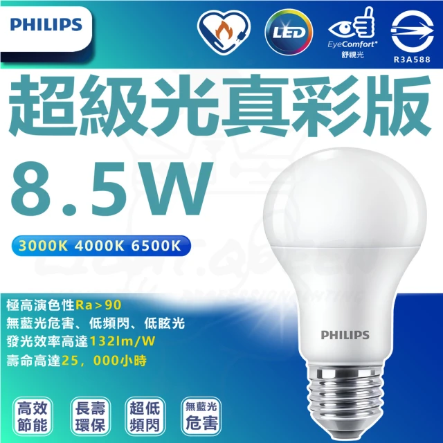 Philips 飛利浦 12入組 8.5W LED 超級光 真彩版 球泡燈 燈泡(白光/中性光/黃光)