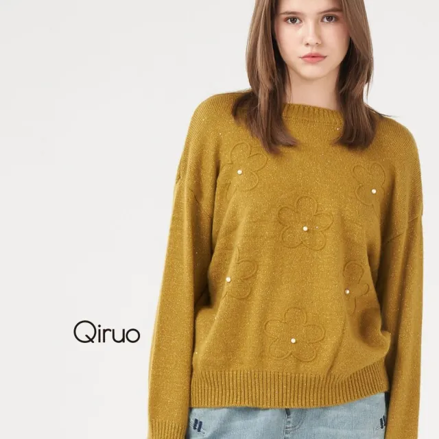 【Qiruo 奇若名品】專櫃芥末色小羊毛上衣 精品時尚保暖造型花朵珍珠點綴
