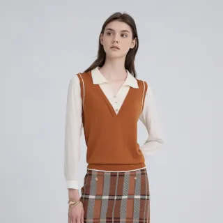 【ILEY 伊蕾】學院風假兩件羊毛針織上衣(桔；M-2L；1243515408)